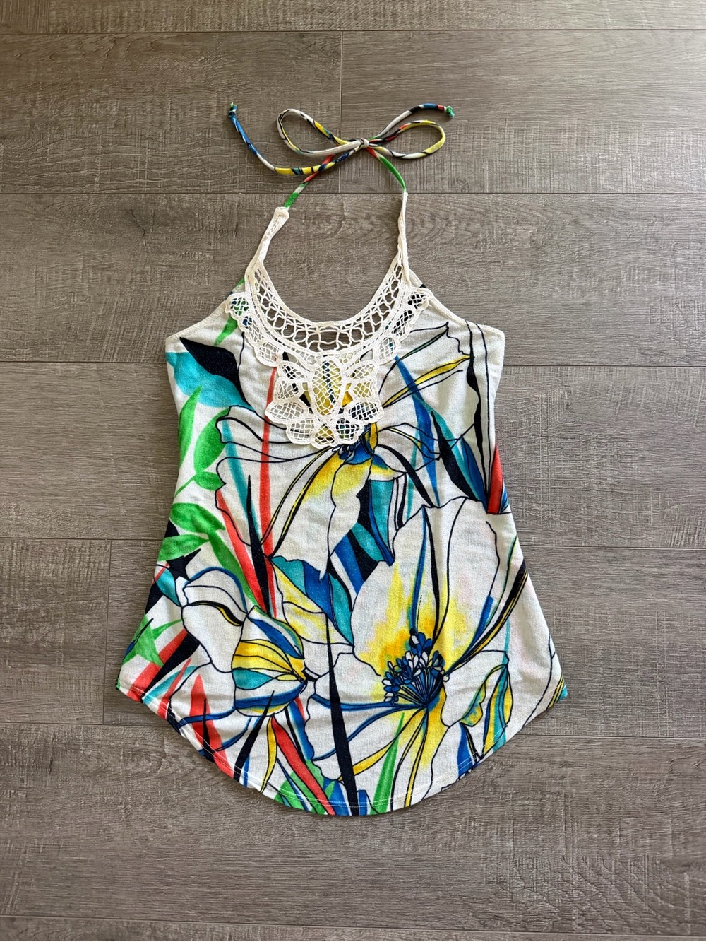 Lily White y2k Crochet-Neck Floral Halter Tank White, Blue, Yellow, Green, Red